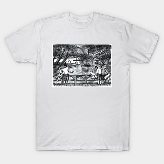 Children Fishing in the Park, New York City by Richard Lindsey T-Shirt by rocketshipretro